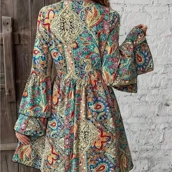 SHEIN Blue and Orange Tiered Ruffled Long Sleeve Dress - Picture 2 of 8